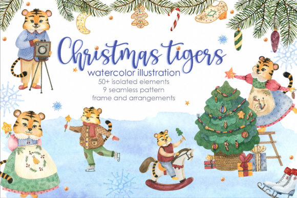 Christmas Tigers Watercolor Set: Festive Illustrations