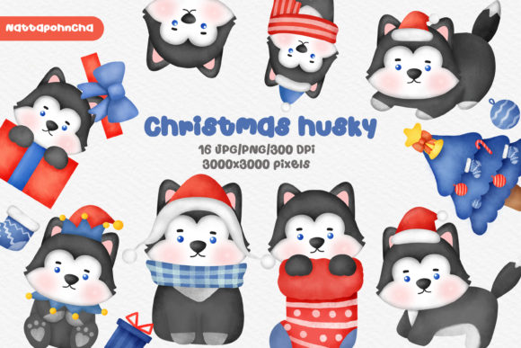 Watercolor Christmas Husky Dogs Clipart & Illustrations Review